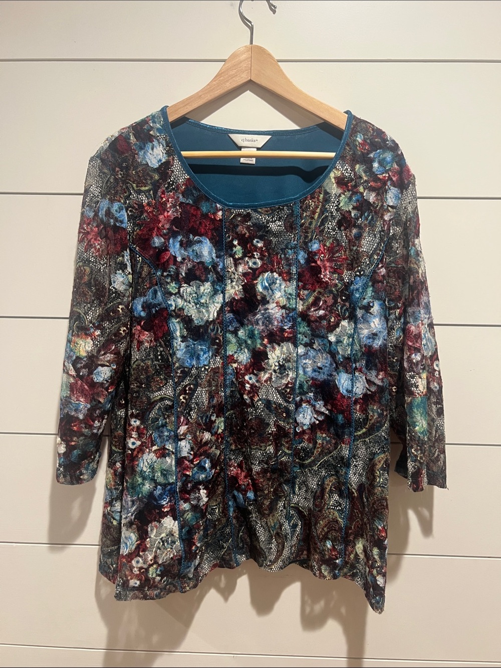 CJ Banks Teal-Multi Floral lace overlay Scoop Neck Tunic